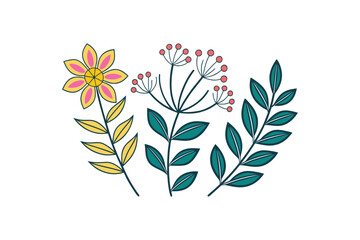 Whimsical Floral and Leafy Botanical Illustration with Pink and Yellow Accents