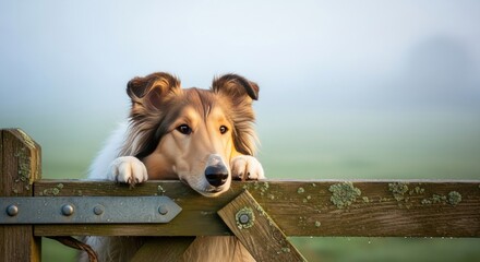 A collie dog rests its chin on a wooden fence post, gazing intently into the misty landscape, surrounded by soft green grass and ethereal fog - dog with a long face