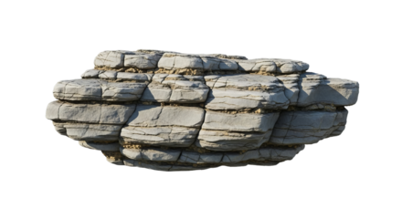 Layered limestone rock formation isolated on black
