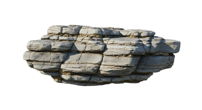 Layered limestone rock formation isolated on black