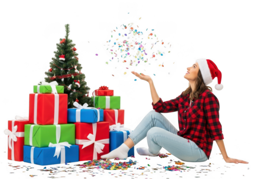 Woman in santa hat celebrating christmas with a pile of colorful gift boxes and falling confetti, isolated on transparent background