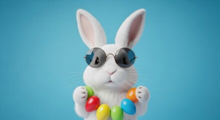 Fototapeta premium Cool easter bunny wearing sunglasses holding colorful eggs on blue background