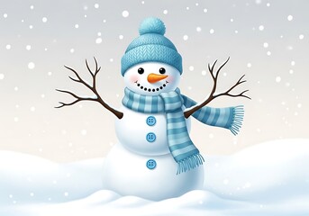 Illustration of a snowman with blue hat and scarf in a snowy background