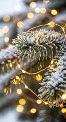 Snow-Kissed Fir Branch Adorned with Warm Christmas Lights.