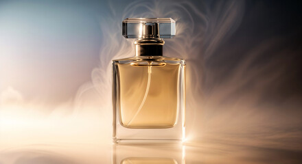 A luxurious glass perfume bottle standing on a reflective surface, surrounded by delicate wisps of mist and soft golden light.