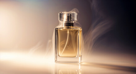 Naklejka premium A luxurious glass perfume bottle standing on a reflective surface, surrounded by delicate wisps of mist and soft golden light.