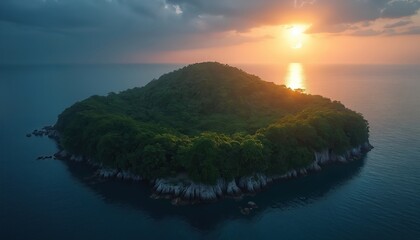 Scenic aerial view of green island with forest in calm sea at sunset. Sunlight reflects on water surface. Tropical nature landscape. Ecotourism location for travel destination vacation.