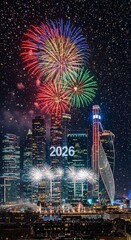 Spectacular 2026 New Year Fireworks Display Over a Modern City Skyline at Night.