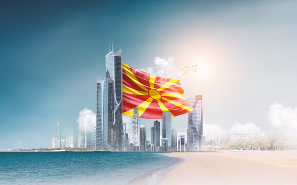 North Macedonia flag waving behind modern skyline. North Macedonia national flag for independence day. - Powered by Adobe