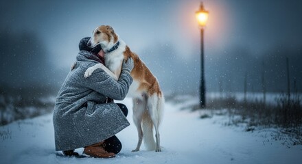 A person kneels in the snow, warmly embracing a dog under a lamplight, while gentle snowflakes fall, creating a serene and cozy winter atmosphere - dog with a long face