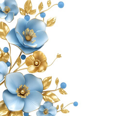 3d wallpaper, gold and blue flowers isolated on white and transparent background