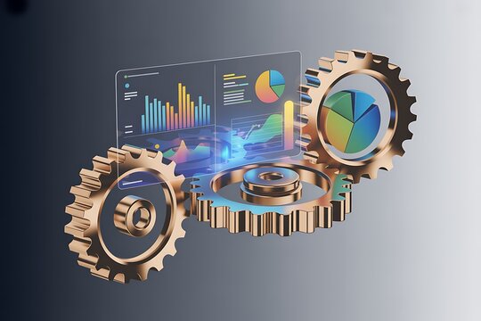 Metallic gears interlocked with holographic digital data charts and graphs showing analysis cogwheel
