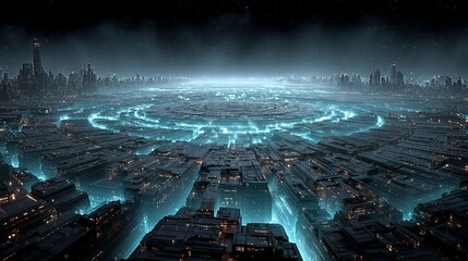 Futuristic ring city nightscape, glowing blue circuits and tech hub. Science fiction concept.