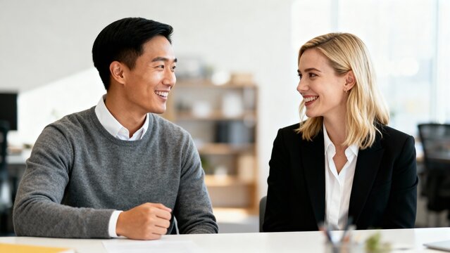 Smiling business professionals having a friendly conversation in modern office setting