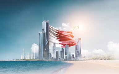 Qatar flag waving behind modern skyline. Qatar national flag for independence day.