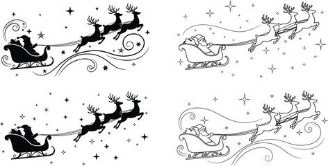 Santa Claus sleigh silhouette, flying reindeer, Christmas illustration, festive swirl design, holiday magic, black and white art, winter celebration