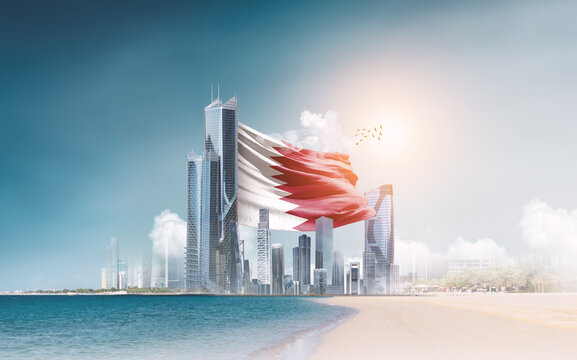 Qatar flag waving behind modern skyline. Qatar national flag for independence day. - Powered by Adobe