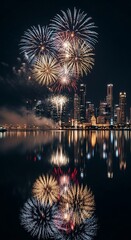 Spectacular Fireworks Display Over a City Skyline Reflected in Water.