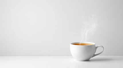 Obraz premium Hot steaming coffee in a simple white cup on a clean surface with a light background, creating a cozy and inviting atmosphere for relaxation
