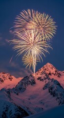 Spectacular Fireworks Display Illuminates Snow-Capped Mountain Peaks at Dusk.
