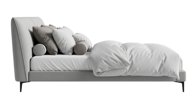 Modern upholstered bed with plush pillows and white bedding - Powered by Adobe