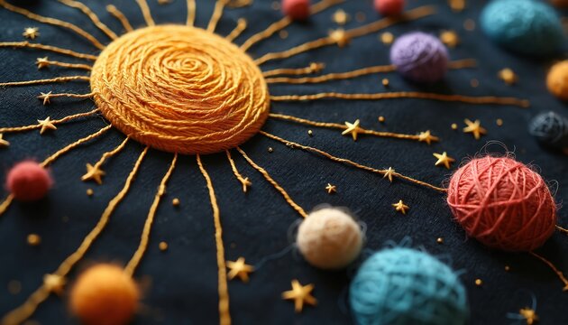 Embroidery artwork featuring sun. Colorful yarn planet balls, shining stars, golden string on dark fabric. Cosmic composition evokes craft theme. Decorative astral elements design suitable for kids