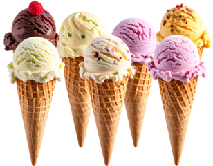 Assortment of seven colorful ice cream cones, sweet treat