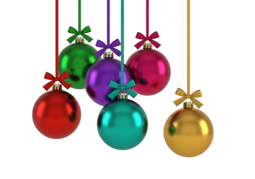 Collection of six colorful christmas baubles with bows, hanging by strings, isolated on transparent background
