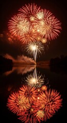 Spectacular Fireworks Display Reflected in Water at Night.