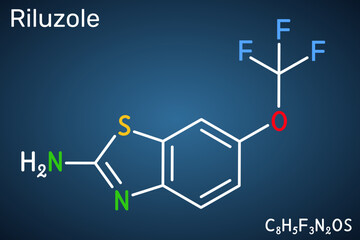 Riluzole benzothiazole neuroprotective drug molecule. Dark blue background. Skeletal chemical formula. Vector illustration