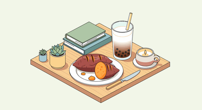 Cozy Still Life With Sweet Potato Meal And Comfort Objects