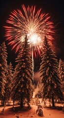 Spectacular Fireworks Display Over Snow-Covered Pine Forest at Night.