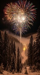 Spectacular Fireworks Explode Over a Snowy Mountain Forest at Night.