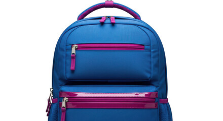 Fototapeta premium Blue backpack with pink accents, isolated on transparent background