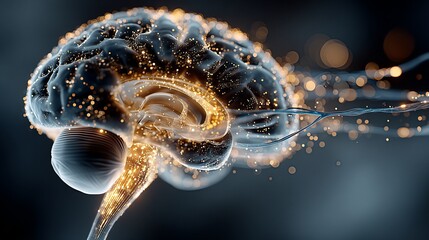 Glowing neuron signals in 3D brain. Artificial Intelligence, neural network, and future technology concept.