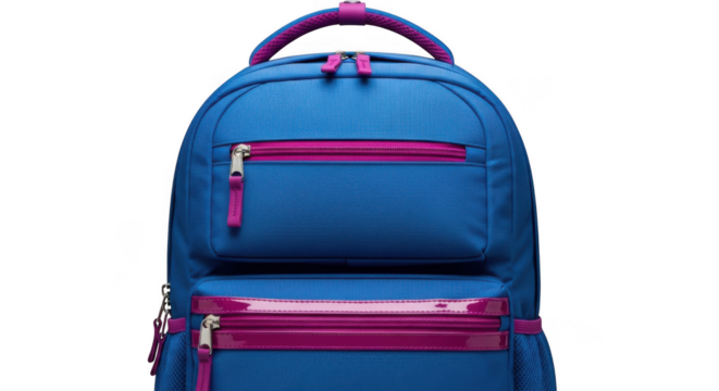 Blue backpack with pink accents, isolated on transparent background