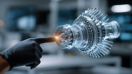 Engineer's hand touches a virtual jet engine turbine hologram in a laboratory. Representing Industry 4.0, R&D, digital twin, and future technology.