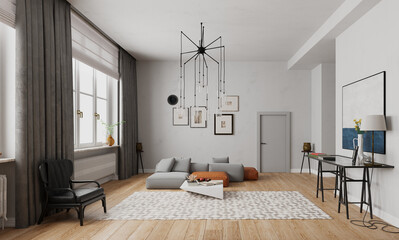 3D rendering of a modern living room interior. Contemporary home with stylish furniture and decor