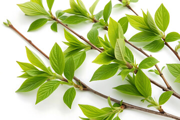 Beautiful spring branch with green leaves isolated on white