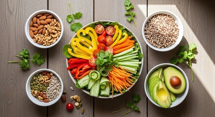 A fresh and colourful flat-lay of a healthy vegan