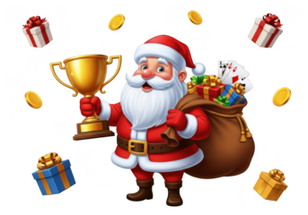 Santa claus holding a golden trophy and a sack full of gifts and playing cards, isolated on transparent background