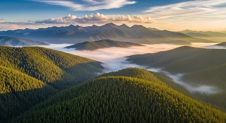 A dramatic aerial landscape of mountains and forest at