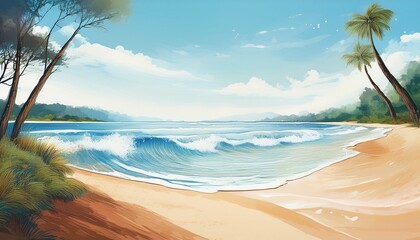 calm beach watercolor painting capturing serene seaside waves