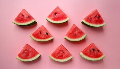 creative summer pattern made of watermelon slices on a pink background in a minimal flat lay top view concept