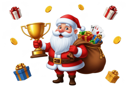 Santa claus holding a golden trophy and a sack full of gifts and playing cards, isolated on transparent background