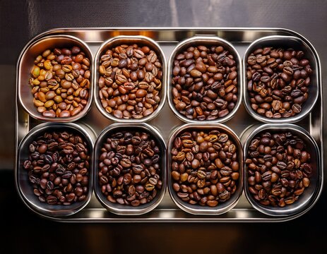 different degrees of roasted coffee beans are arranged in metal trays showcasing a vibrant spectrum from light to dark roasts each type invites a unique tasting experience