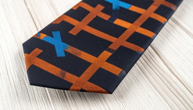 Patterned tie on wooden surface