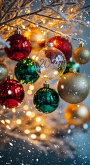 Vibrant Christmas Ornaments and Twinkling Lights on a Snowy Winter Evening.