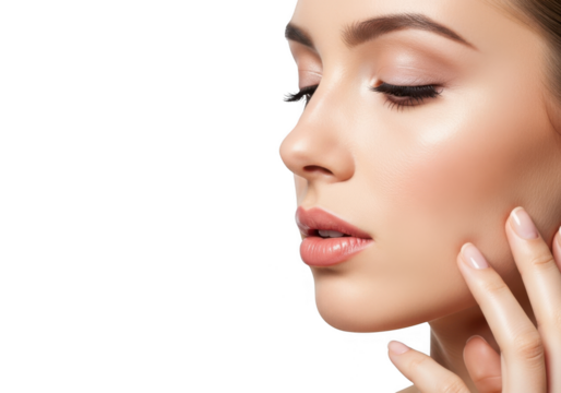 Closeup profile of a womans face with perfect skin and makeup, isolated on transparent background