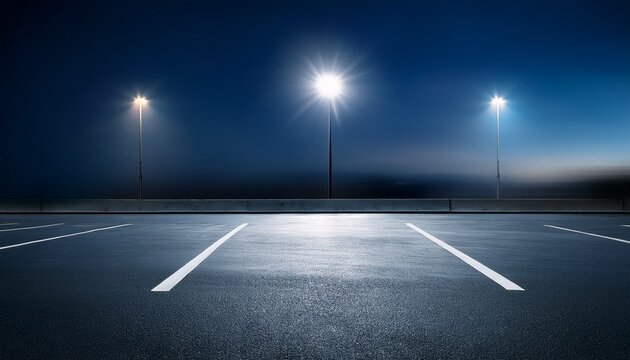 closeup of an empty parking slot at night illuminated by street lights quiet and serene ethereal silhouette outdoor parking lot backdrop realistic photography